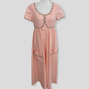 Vintage 60s Pink Flowy Cottagecore Maxi Floral Trim Large Pockets